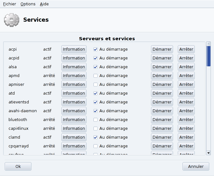 Choix des services disponibles au démarrage