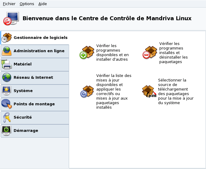 Fenêtre principale du centre de contrôle