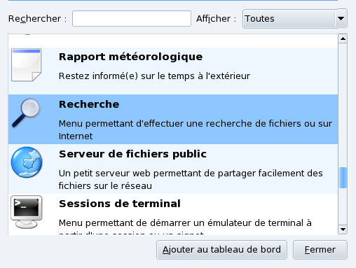 Ajout d'une applet de recherche au tableau de bord